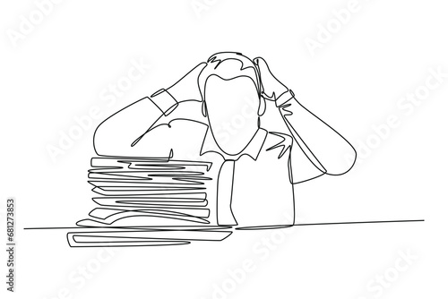 Continuous one line drawing of young frustrated businessman got headache facing pile of papers project on his desk. Overtime work at office concept. Single line draw design vector graphic illustration