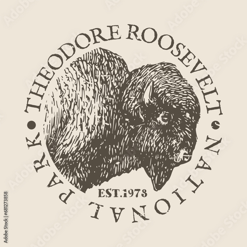 Theodore Roosevelt, National Park, ND, USA Silhouette Postal Passport. Stamp Round Vector Icon. Design Travel Postmark. 
