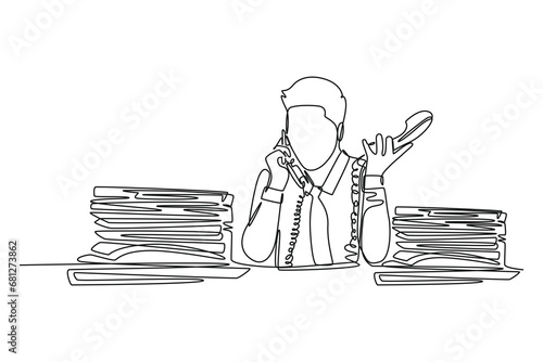 Single continuous line drawing young dizzy male customer service worker receiving many call in front of stack of papers. Customer care service concept. One line draw graphic design vector illustration