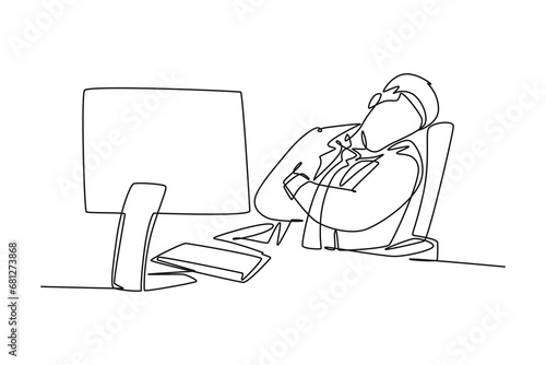 Single one line drawing of young sleepy businessman fall asleep on office chair with computer turn on at work desk. Work fatigue concept. Modern continuous line draw design graphic vector illustration