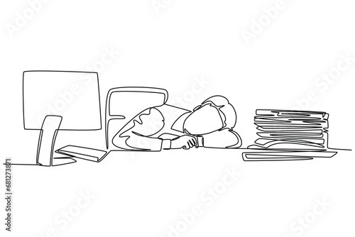 Single one line drawing of young sleepy startup CEO fall asleep on work desk while he was reading. Work overload fatigue at the office concept. Continuous line draw design graphic vector illustration