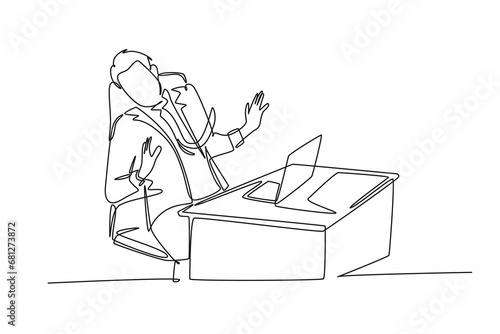 Single one line drawing of young frightened businessman keep of himself from monitor laptop because of traumatize. Work psychological concept. Continuous line draw design graphic vector illustration