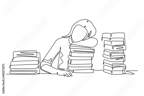 Single one line drawing of young bored female college student fall asleep on pile of books while studying at library. Learning concept. Modern continuous line draw design graphic vector illustration