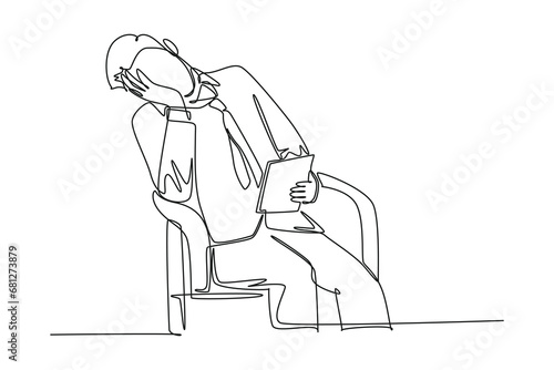Single one line drawing of young frustrated male worker shock on work chair while he was read financial report. Business fatigue at the office. Continuous line draw design graphic vector illustration