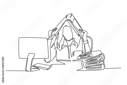 Single one line drawing of young depression female employee sitting in front of computer and stack of papers and covered her head with folder. Continuous line draw design graphic vector illustration