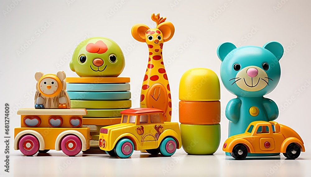 A set of colorful children's toys isolated on a white background A set of colorful children's toys isolated on a white background
