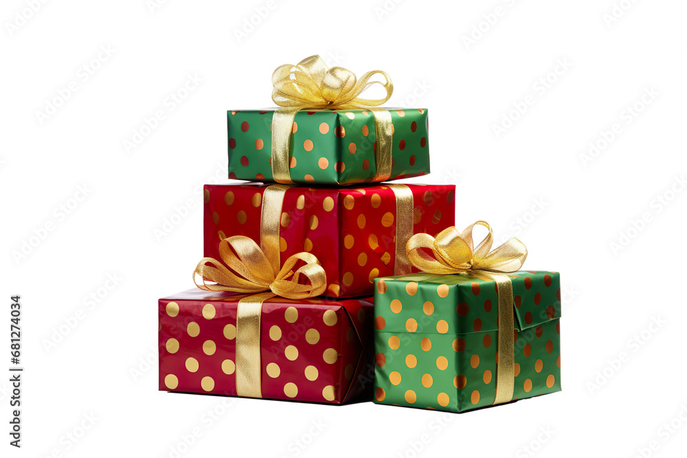 a group of Christmas gifts piled, pois green, red, and gold isolated on white background PNG a group of Christmas gifts piled, pois green, red, and gold isolated on white background PNG