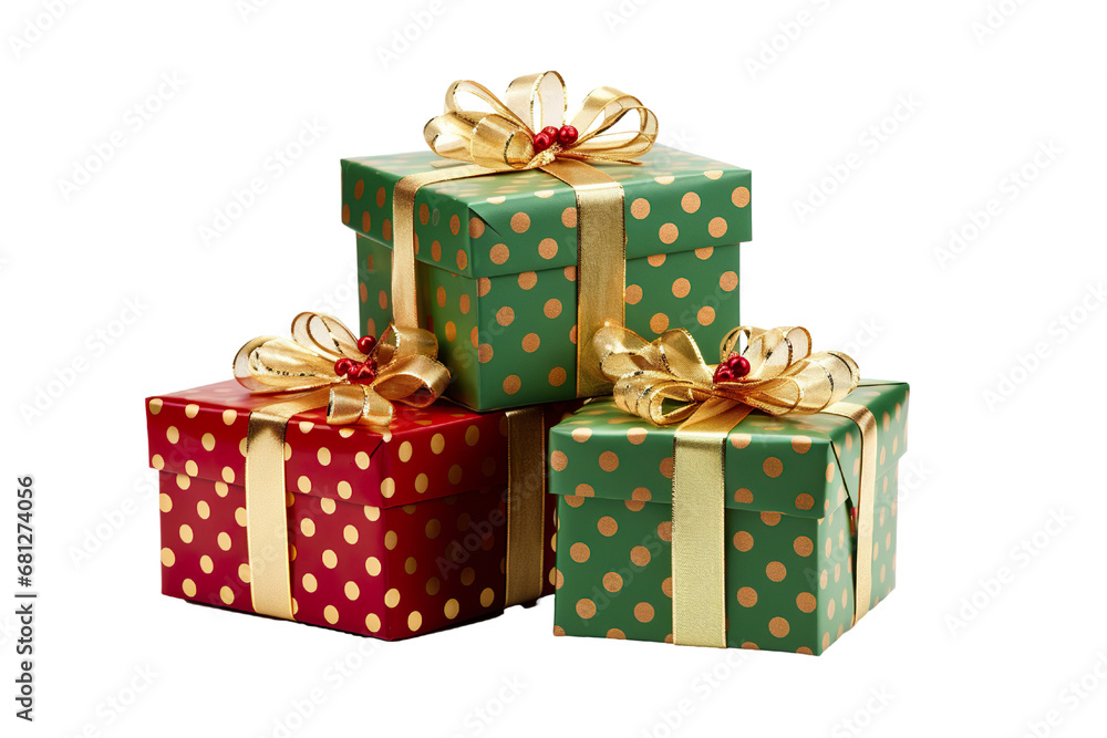 Obraz premium a group of Christmas gifts piled, pois green, red, and gold isolated on white background PNG