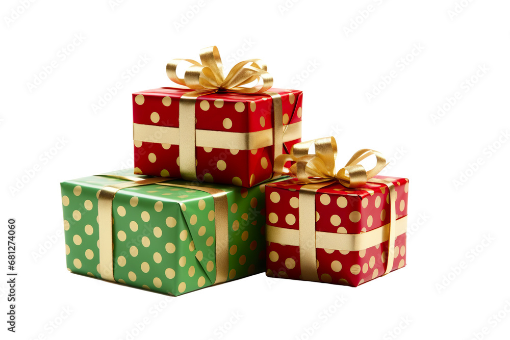 Fototapeta premium a group of Christmas gifts piled, pois green, red, and gold isolated on white background PNG