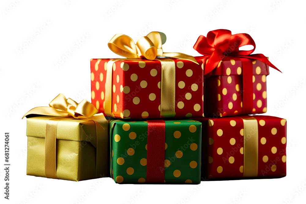 Fototapeta premium a group of Christmas gifts piled, pois green, red, and gold isolated on white background PNG