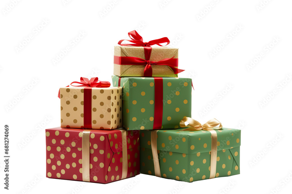 a group of Christmas gifts piled, pois green, red, and gold isolated on white background PNG a group of Christmas gifts piled, pois green, red, and gold isolated on white background PNG