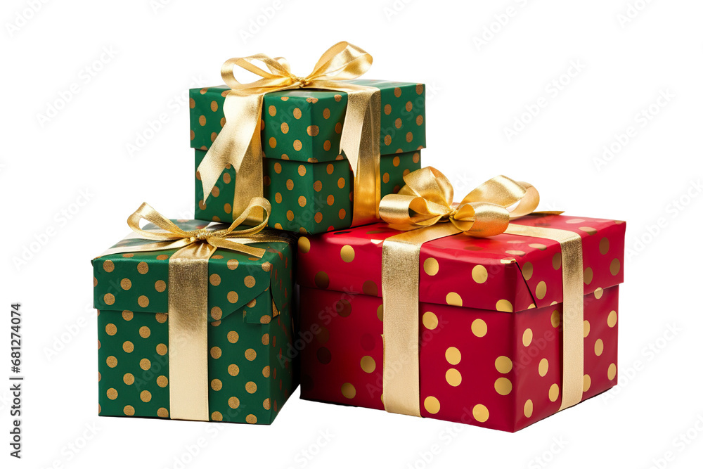 Fototapeta premium a group of Christmas gifts piled, pois green, red, and gold isolated on white background PNG