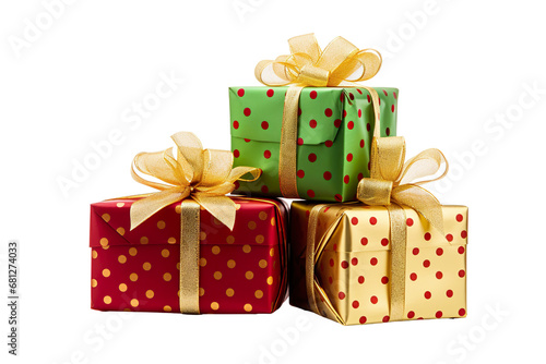 a group of Christmas gifts piled, pois green, red, and gold isolated on white background PNG
