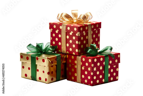 a group of Christmas gifts piled, pois green, red, and gold isolated on white background PNG