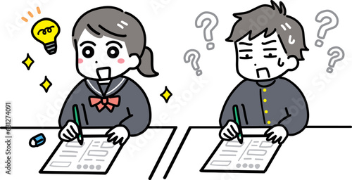テストを受ける学力差のある中学生の男女(上半身)