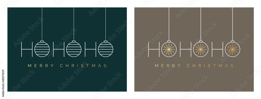 Ho Ho Ho Merry Christmas Card Design Template. HOHOHO Christmas Card with Bauble Decorations. Festive Typography Greeting Card with Christmas Balls. Vector Illustration for Minimalist Xmas Card. - obrazy, fototapety, plakaty 