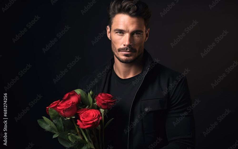A handsome 30 years old man holding a bouquet of roses in his hands A handsome 30 years old man holding a bouquet of roses in his hands