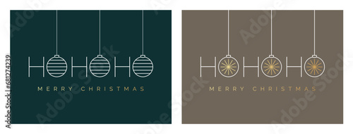 Ho Ho Ho Merry Christmas Card Design Template. HOHOHO Christmas Card with Bauble Decorations. Festive Typography Greeting Card with Christmas Balls. Vector Illustration for Minimalist Xmas Card. photo