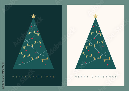 Christmas Card Design Template Decorated Christmas Tree with Lights Tinsel Balls Star. Festive Christmas Greeting Card with Decorative Christmas Tree Lights. Modern Design for Invitation Card photo