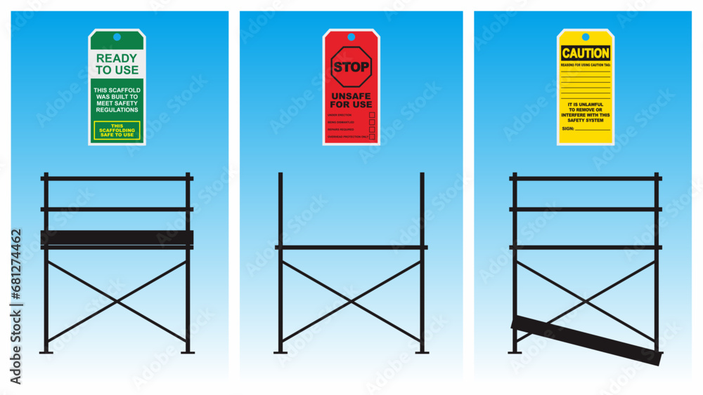 Red, green, and yellow scaffolding safety inspection tag sample application for construction work. Vector illustration. - obrazy, fototapety, plakaty 