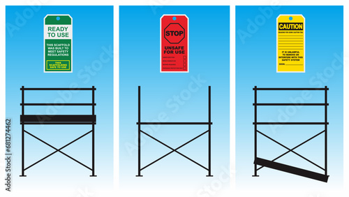 Red, green, and yellow scaffolding safety inspection tag sample application for construction work. Vector illustration. photo