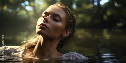 a woman in water with her eyes closed looking up  generative AI
