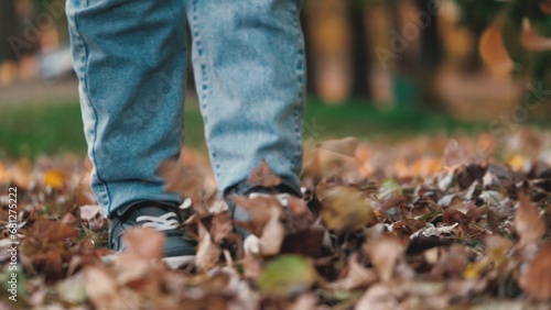 Legs of little boy strolling along path covered with bright leaves from trees