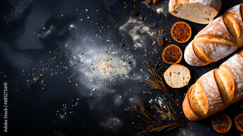 Freshly baked bread on a black background. Top view with copy space. Generative AI technology. © Grycaj