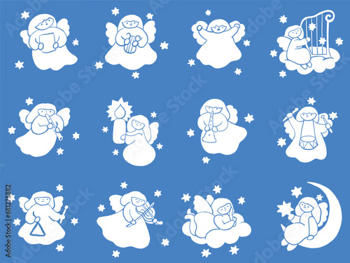 Set of Christmas art. Choir of baby angels plays and sings carol in sky. Hand drawing vector, simple, cute, kawaii trendy. Wall art print, cover, card or decoration.