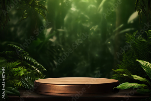 3d render of wooden podium in tropical jungle forest and green background. Product presentation. Display template. 