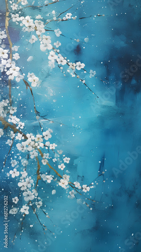Sakura flowers on a blue background, oil painting style.