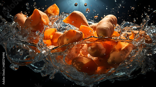 Sweet potato commercial photography with water splash photography effect, vegetable commercial photography