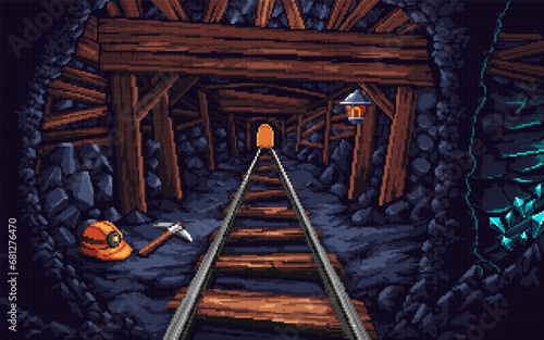 Pixel art illustration Mine Quarry. Pixelated tunnel. Mine Quarry Tunnel pixelated for the pixel art game and icon for website and video game. old school retro.