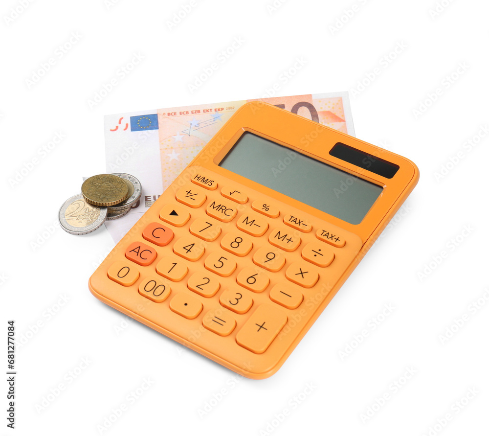 Calculator, euro banknote and coins isolated on white. Retirement concept Calculator, euro banknote and coins isolated on white. Retirement concept
