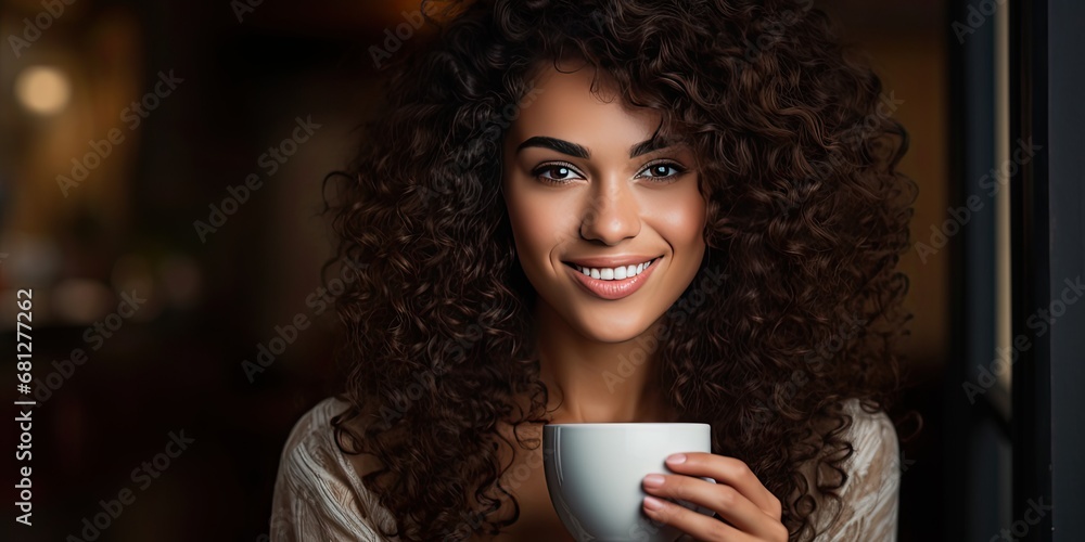 custom made wallpaper toronto digitalsmiling woman holding coffee cup home with curly hair, generative AI