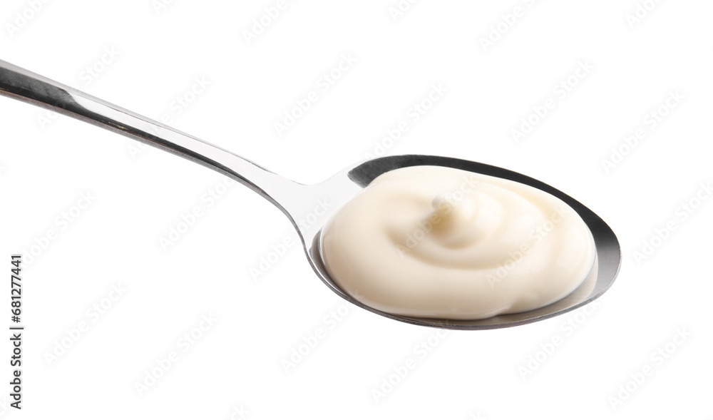 Spoon with tasty mayonnaise isolated on white Spoon with tasty mayonnaise isolated on white