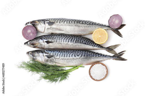 Tasty salted mackerels, cut onions, lemon and dill isolated on white, top view