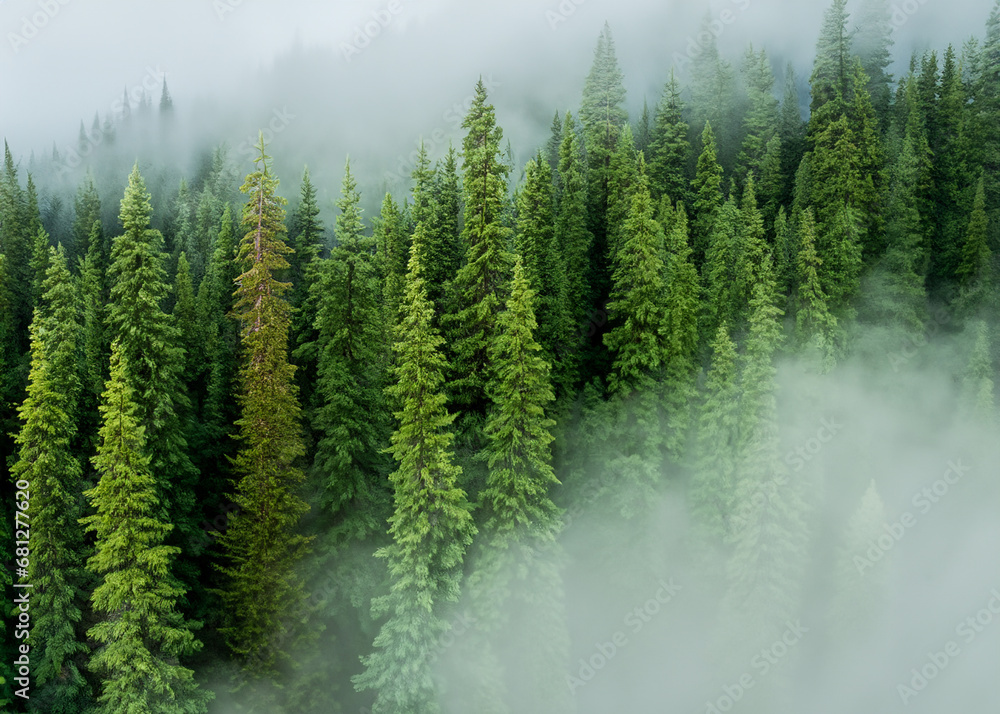 pine forest in the fog seen from the air pine forest in the fog seen from the air