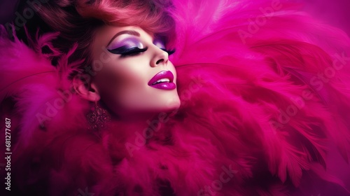 Close up portrait of a beautiful woman with pink feathers, posing with carnival mask or fun costume. Vivid, bold fuchsia color, dark black background. Concept of fashion photography or sensuality