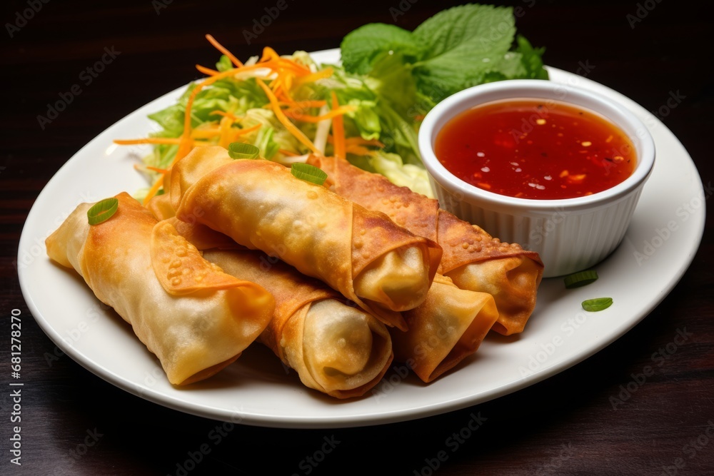 A close-up shot of freshly made eggrolls, golden brown and crispy, served on a white plate with a side of tangy dipping sauce, garnished with fresh herbs and a slice of lemon