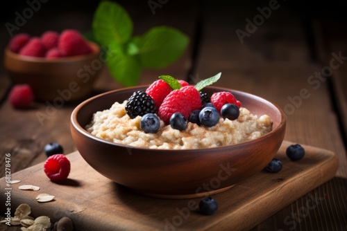 A steaming bowl of oatmeal topped with fresh fruits and a sprinkle of cinnamon, placed on a rustic wooden table with a spoon on the side, ready to be enjoyed in the early morning light