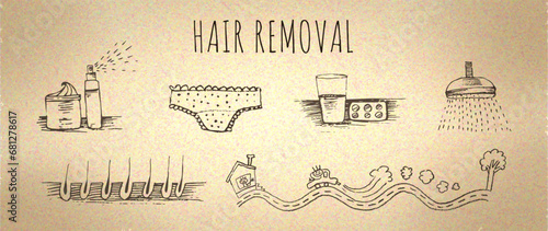 Hair removal.  Hand drawn set of hygiene and cleanliness icons. Vector illustration. Eps 10 
