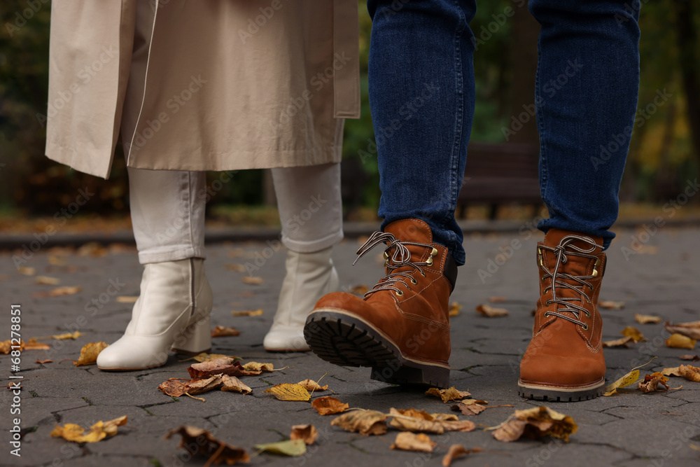 Young couple walking in autumn park, closeup
