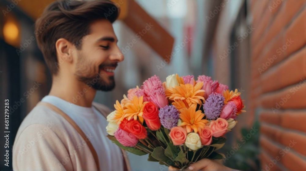 person with bouquet of flowers for valentine's day person with bouquet of flowers for valentine's day