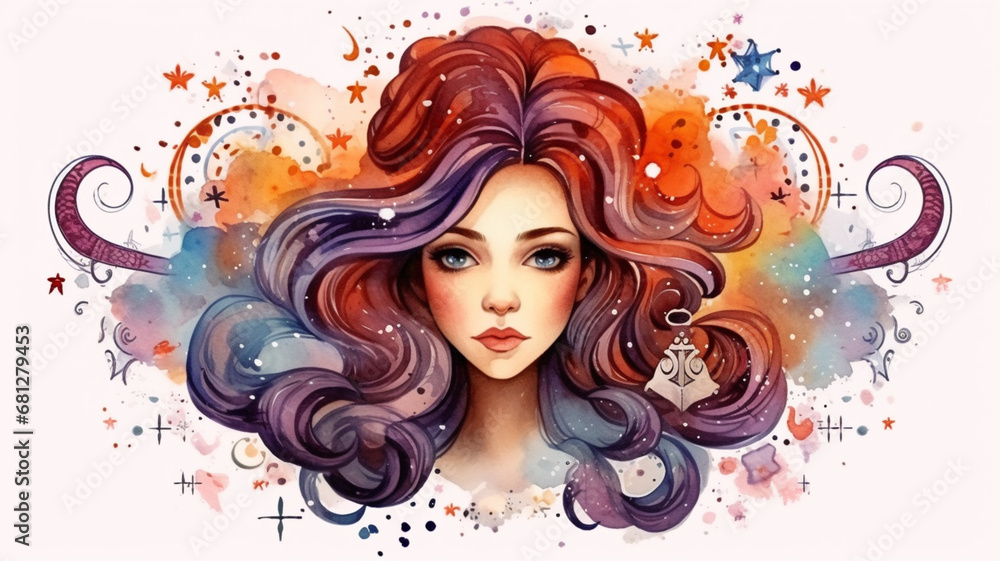 The girl in the image represents the symbol of SCORPIO. Beliefs, individual horoscope, analysis of characteristics of the date of birth. Cute illustrator for the zodiac watercolor and vintage style