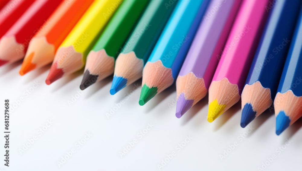 Pencils of different colors are lined up on a white background. Great art, craft and school education Pencils of different colors are lined up on a white background. Great art, craft and school education