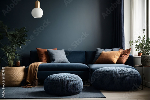 Living room interior, Modern living room, Two knitted poufs near dark blue corner sofa, Scandinavian home interior photo
