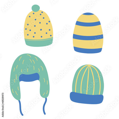 Hats warm accessories hand drawn flat vector illustration cartoon style. Doodle set with different kind headwear, knitted caps, earflap hat. Icons and design elements for print, card, template, paper