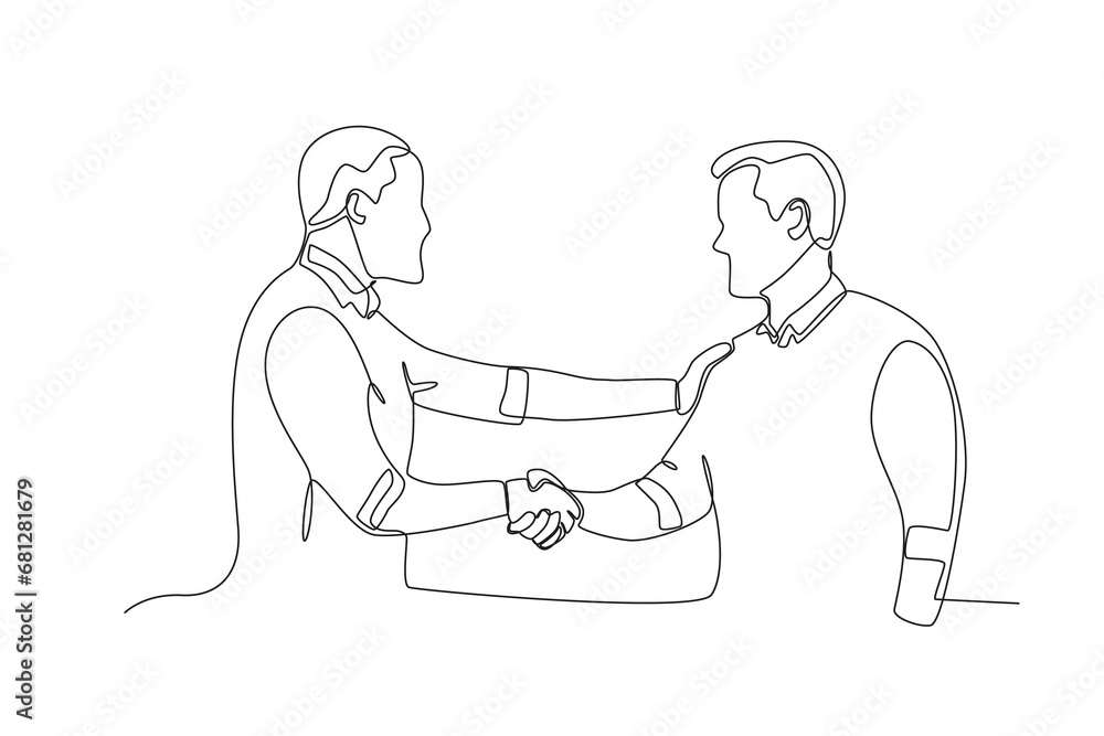 Continuous one line drawing a boss shaking hands with the best male employee. Single line draw design vector illustration
Continuous one line drawing a boss shaking hands with the best male employee. Single line draw design vector illustration