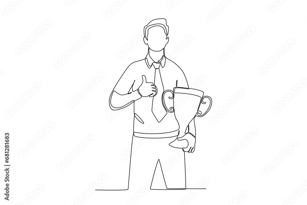 Continuous one line drawing, best male employee giving thumbs up sign holding trophy. Single line draw design vector illustration
hands with the best female employee. Single line draw design vector